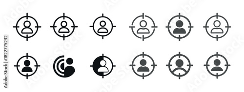 Minimalistic user focus icons and target crosshairs in black and gray