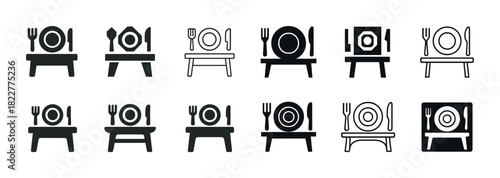 Set of dining table icons with plates and cutlery in various styles