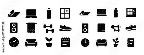 Collection of fitness and home icons including laptop, sneakers, and speaker