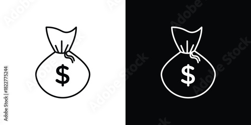 Money bag icon outline set in black and white. thin line style.