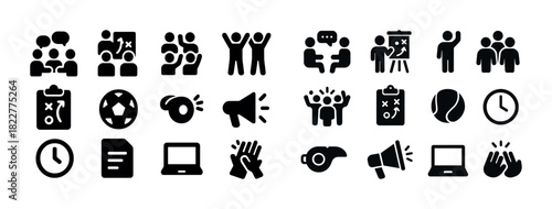 Collection of teamwork and communication icons in black and white