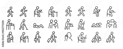 Outlined human pictograms illustrating various daily activities and interactions