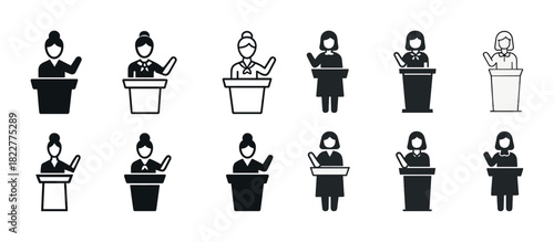 Set of female speaker icons in various styles and poses