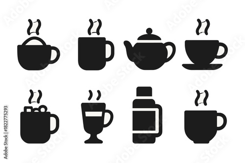 Hot Drinks Icons. Hot drinks. Filled icon set of hot drinks: cup of cocoa, coffee mug, teapot, tea cup, mug