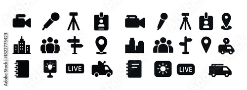 Set of broadcast and navigation icons in black and white vector style