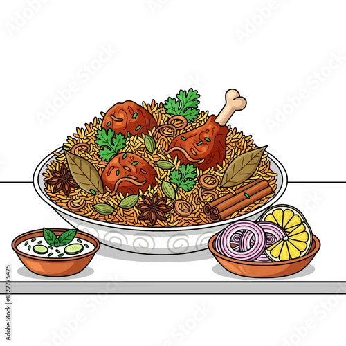 Indian Chicken Biryani Illustration with Whole Spices, Cucumber Raita, and Onion Lemon Side Dish