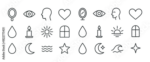 Minimalist icon set with mirror eye heart candle moon sun wave star