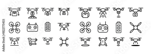 Drone icons collection: line art illustrations of various drones and accessories