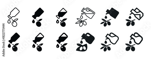 Set of olive oil bottle icons with olive branches in various styles
