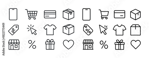 Minimalist shopping icons: cart, card, box, gift, store, tag, shirt, heart