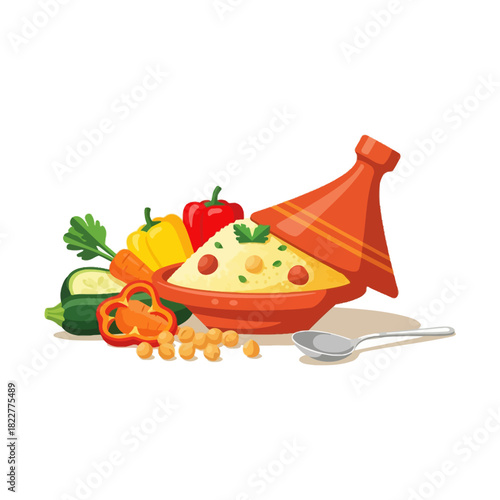 Moroccan Tagine Illustration with Couscous, Chickpeas, and Fresh Vegetables Around Traditional Pot