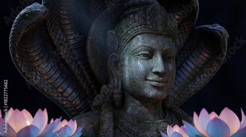 Ancient stone statue of a hindu deity with a multiheaded cobra and glowing lotus flowers in a spiritual setting
