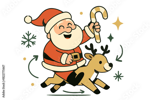 Santa's Tiny Reindeer Ride. Santa and reindeer duo. Santa cheerfully holding a candy cane while riding a tiny