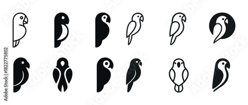 Minimalist parrot icons set featuring various designs and silhouettes