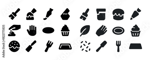Baking and decorating icon set featuring tools and desserts