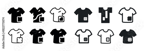 T-shirt icon set with patch designs in black and white