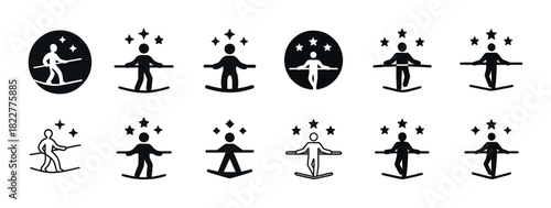 Monochrome skiing icons with stars and geometric elements