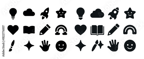 Collection of black silhouette icons: lightbulb, cloud, star, rocket, heart, rainbow, pencil, book, brush, sparkle, hand, smile