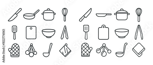Set of kitchen utensil icons: knife, pan, whisk, pot, cutting board illustrations