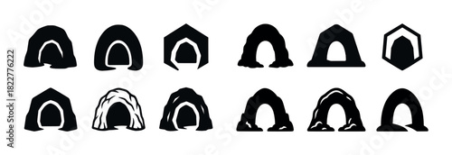 Set of various cave silhouettes and icons