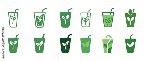 Green eco-friendly beverage icons with leaf motifs and straw designs