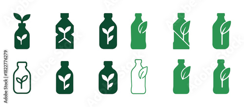 Eco-friendly bottle icons with leaf designs on white background