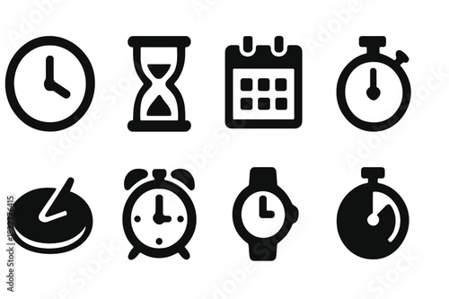 Timekeeping Icon Set. Time passing. Filled icon set of time passing: clock face, hourglass, stopwatch,
