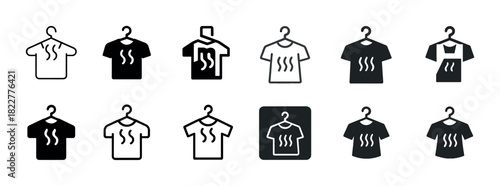 Steaming clothes icon set: diverse styles and designs of laundry symbols