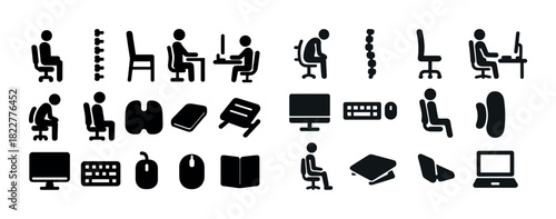 Ergonomic office equipment icons: chairs, desks, accessories, computer, tech setup