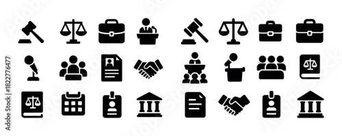 Law and business icons: gavel, scales, briefcase, handshake, speaker