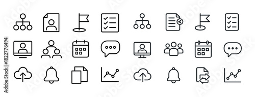 Minimalistic office icons set: organization, communication, data management, cloud, calendar, charts