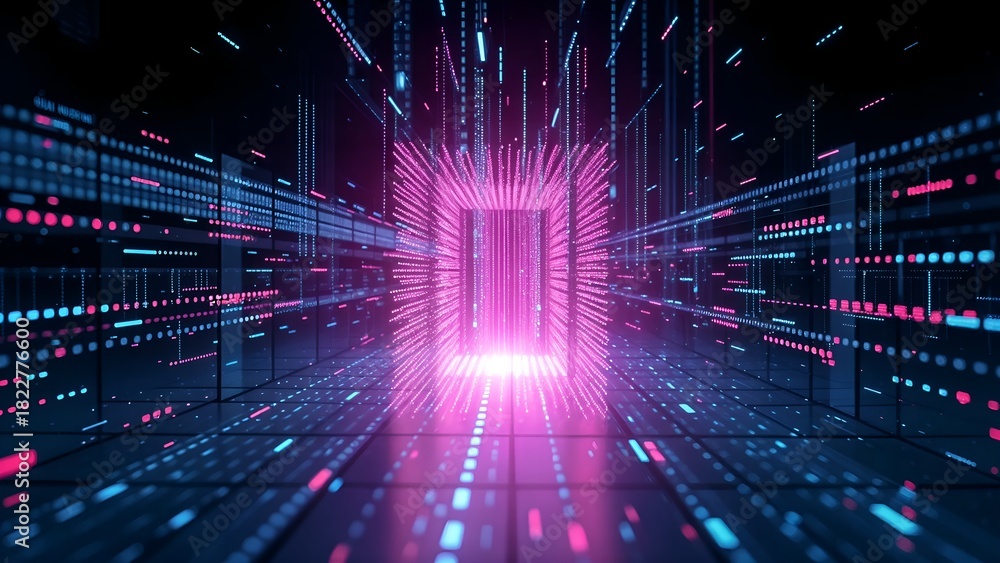 Fototapeta premium digital door portal gateway dimension in glowing neon line on industry industrial space with fast speed dynamic motion 