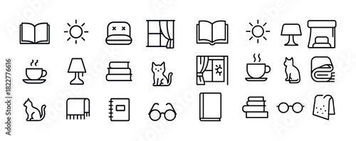 Cozy home icon set: books, cats, tea, lamps, windows and glasses