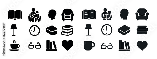 Collection of black icons: people, books, furniture, and objects