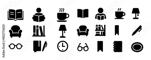 Library icons set: books, coffee, reading, furniture, stationery