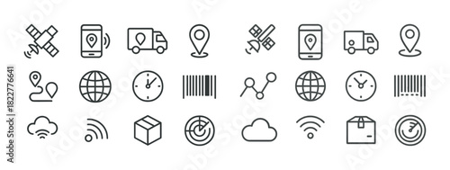 Technology icons: gps, cloud, barcode, satellite, and wi-fi symbols
