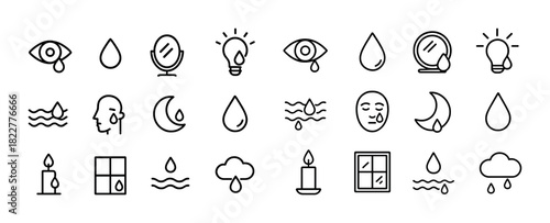 Minimalist outline icon set: water, weather, and emotion symbols