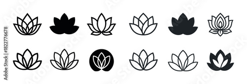 Set of various lotus flower icons: simplified and outlined designs