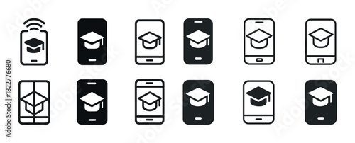 Mobile education icons featuring graduation cap symbols on smartphones