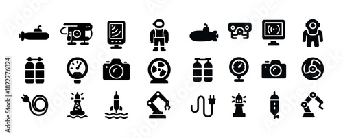 Stylized nautical adventure icons: submarine, diver, camera, robot, lighthouse