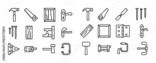 Outline icons of tools and objects for carpentry and woodwork