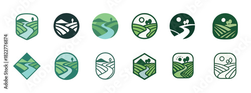 Collection of landscape logos featuring green fields and hills