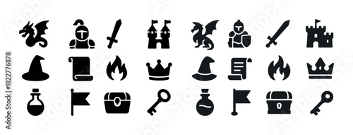 Medieval fantasy icon set with dragons, castles, knights, and wizards