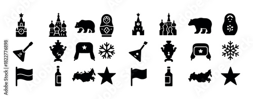 Silhouette icons of russian symbols including bear, matryoshka, kremlin, and balalaika