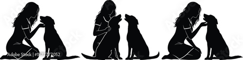 Set of black silhouettes illustrating a beautiful young woman kneeling and affectionately stroking her pet dog, symbolizing the deep, loving human-animal bond and companionship, vector.