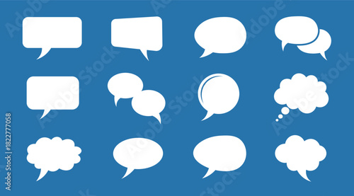 Twelve white speech and thought bubbles on a blue background speech bubble chat