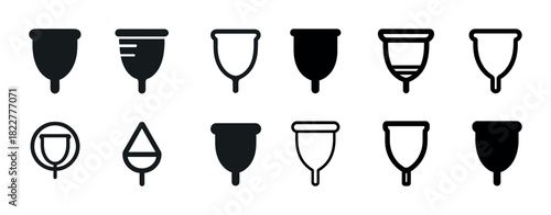 Various menstrual cup designs in black and white icons