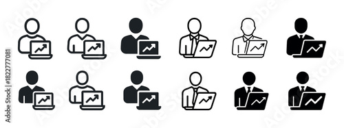 Icons of business people with laptops and growth charts in various styles