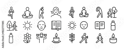 Outline icons of yoga, meditation, exercise, and wellness activities