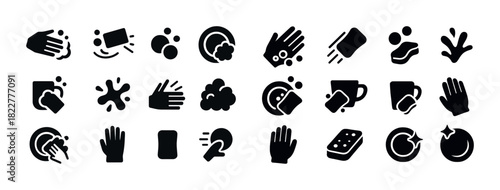 Black silhouette icons of handwashing and cleaning activities